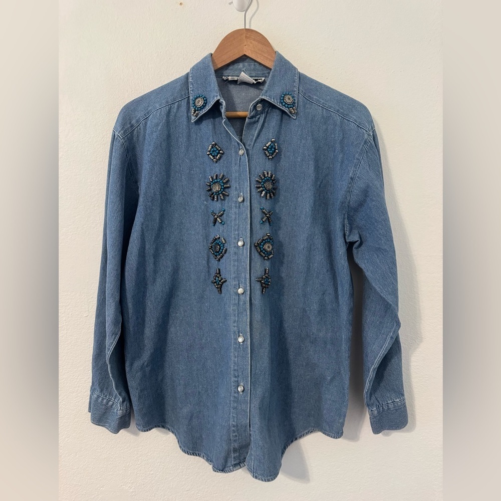 Vintage New Frontier Beaded Denim Button Up Shirt Southwestern Country Sz Small